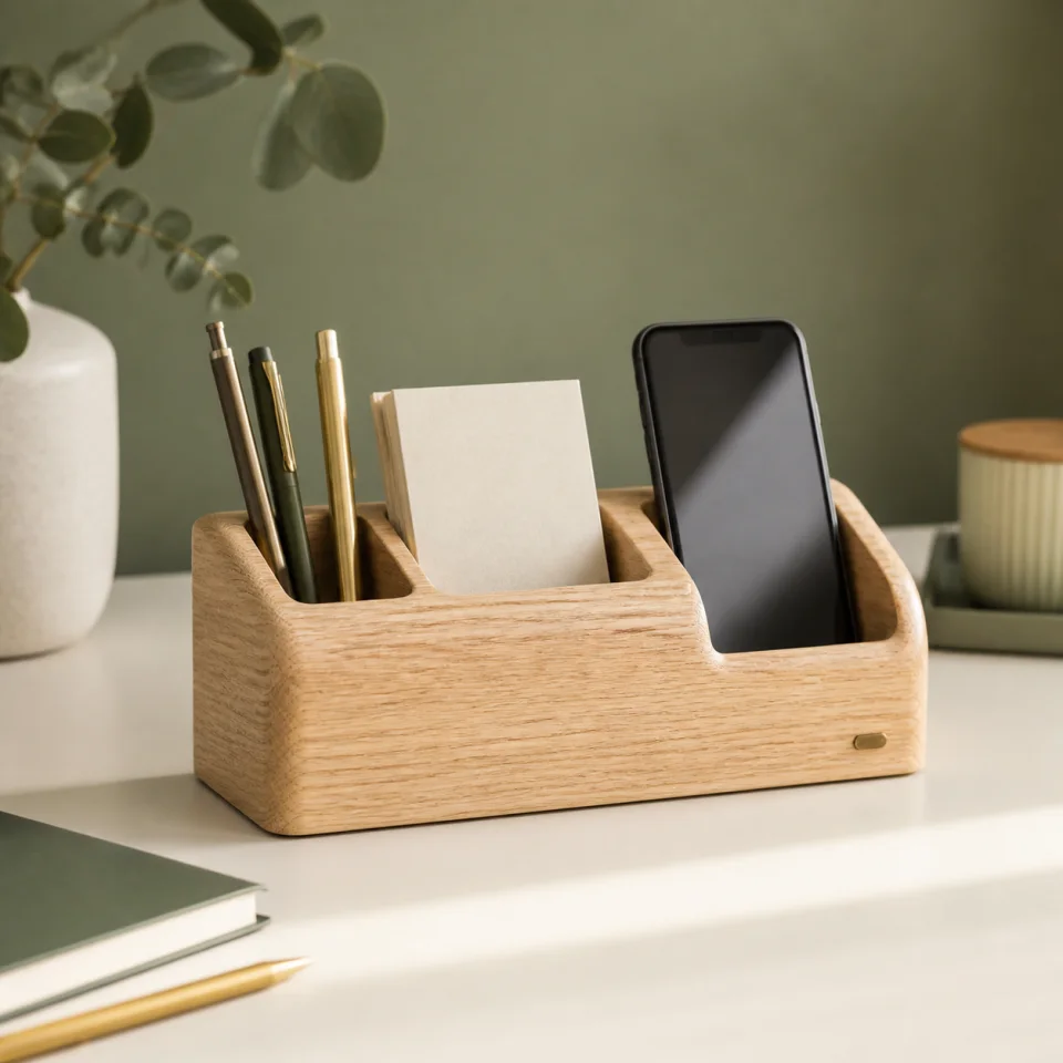 Wood desk organizer offered by Grain & Grove