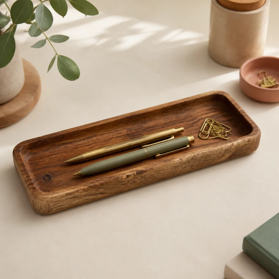 Wood pen tray offered by Grain & Grove
